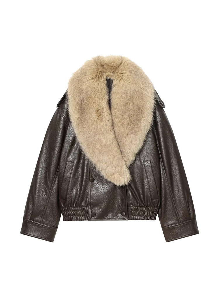 سترات نسائية كلاسيكية بياقة من الفرو الصناعي الدافئ موضة شتاء 2025 معاطف فضفاضة من الجلد الصناعي معطف نسائي أنيق #6