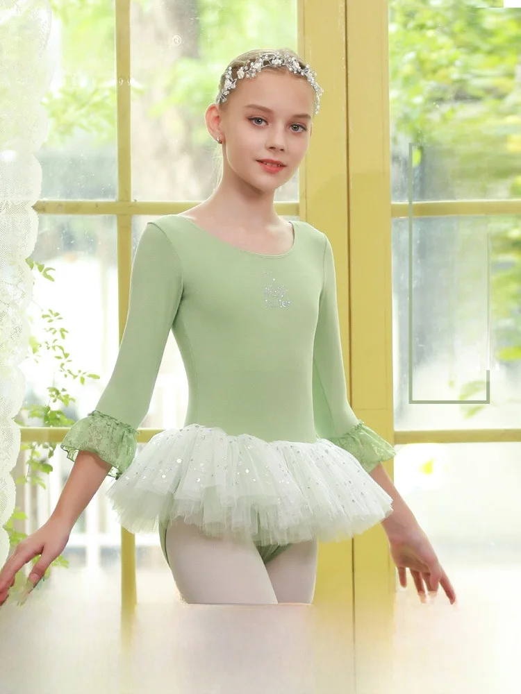 Traje de Práctica de Ballet para Niñas, Disfraz de Actuación con Falda, Material de Aodón, para Niñas Pequeñas