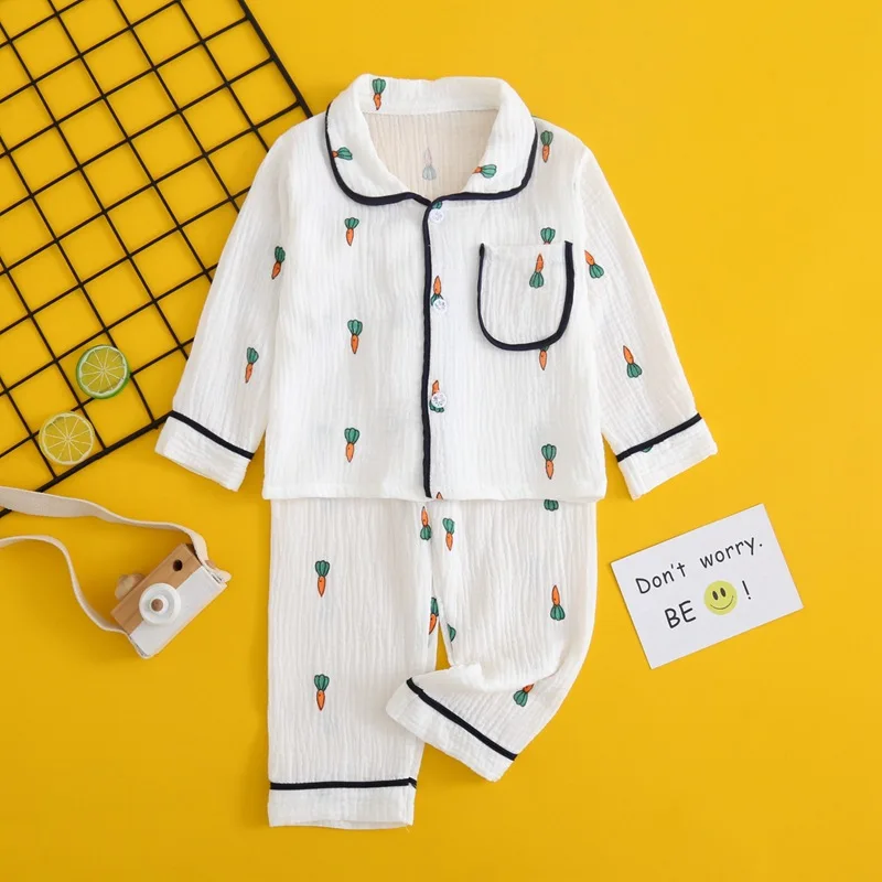 Boys Girls Pajamas Children Suits Clothes Baby Muslin Cotton Homewear Family Outfits Shirt Tops+Pants 2PC 2-12T