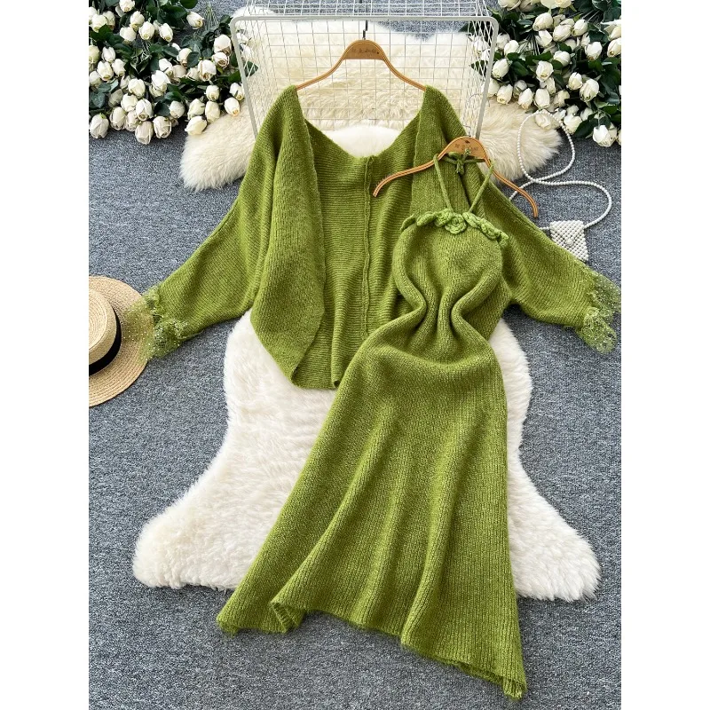 

Корейский модный нежный стиль, кружевная строчка, свободный кардиган, вязаная куртка, трехмерное платье на бретельках с цветочным принтом, женский комплект из двух предметов