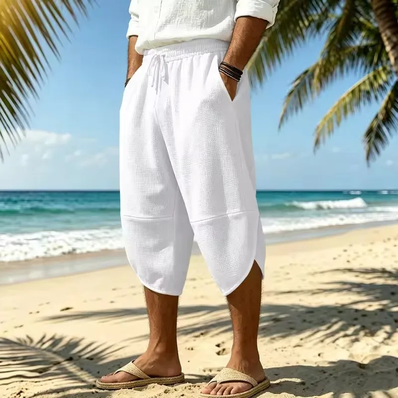 Men Summer Solid Color Capri Pants Harem Shorts Men Elastic Waist Drawstring 3/4 Length Cropped Trousers Baggy Sweatpants