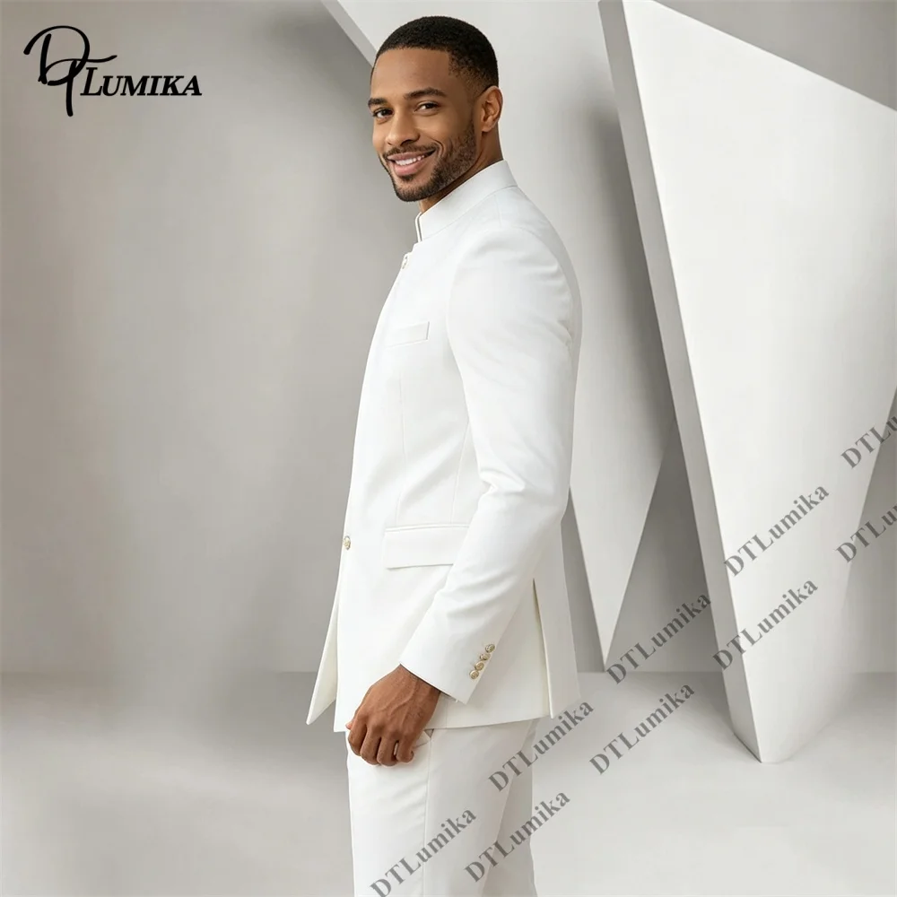 Mandarin Collar Men 2 Piece Suit Asymmetric Button Blazer Pants Slim Fit Modern Wedding Groom Suits Formal Party Prom Tuxedo
