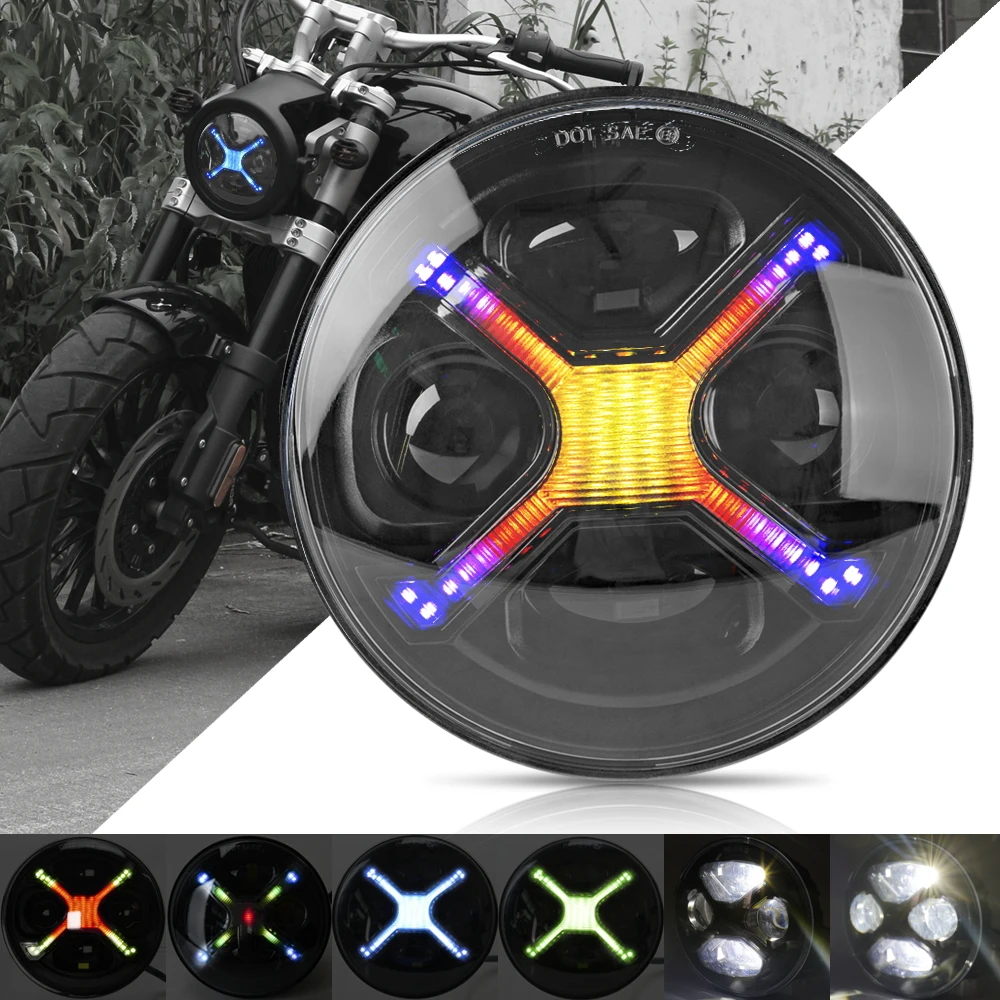 Phare LED pour moto de 5,75 pouces, DRL RVB de style X fumé 5-3/4, compatible avec Street Bob, Low Rider, Iron 883 Scout ETC.