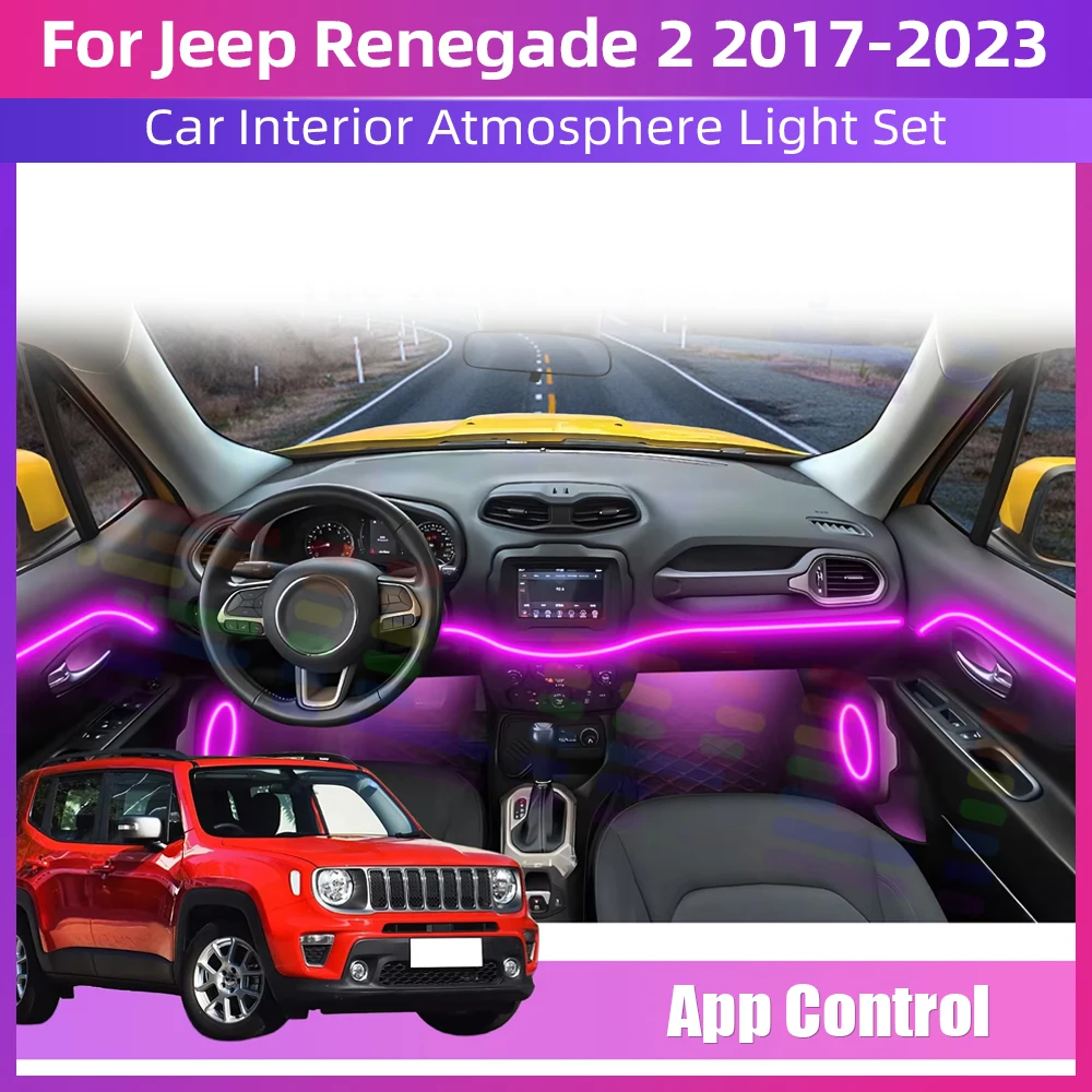 

Для Jeep Renegade 2 2017-2023: Декоративная атмосферная лампа, подсветка салона автомобиля, комплект светодиодных лент 64RGB