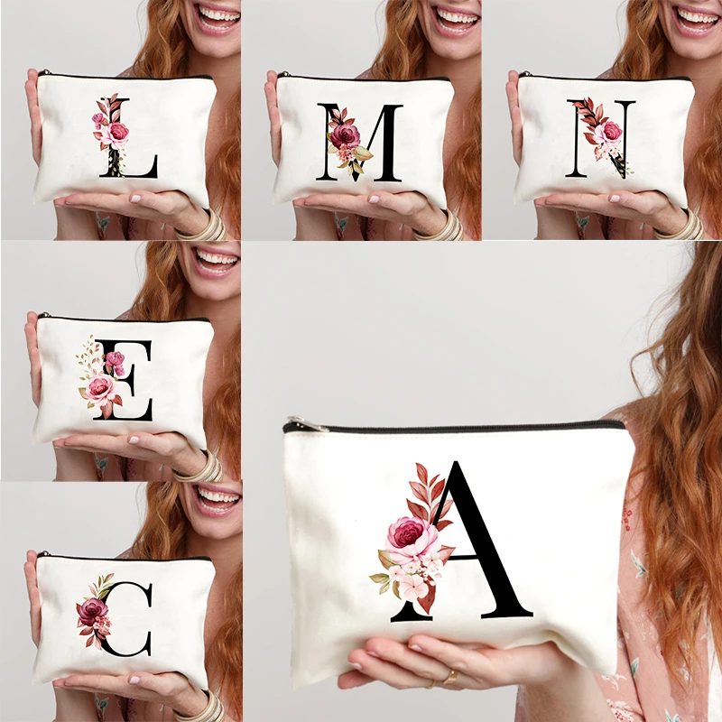 

Alphabet Initials Flowers Print Makeup Bag Gift for Teacher Bridesmaid Friends Graduation Retirement Wedding Birthday Essentials