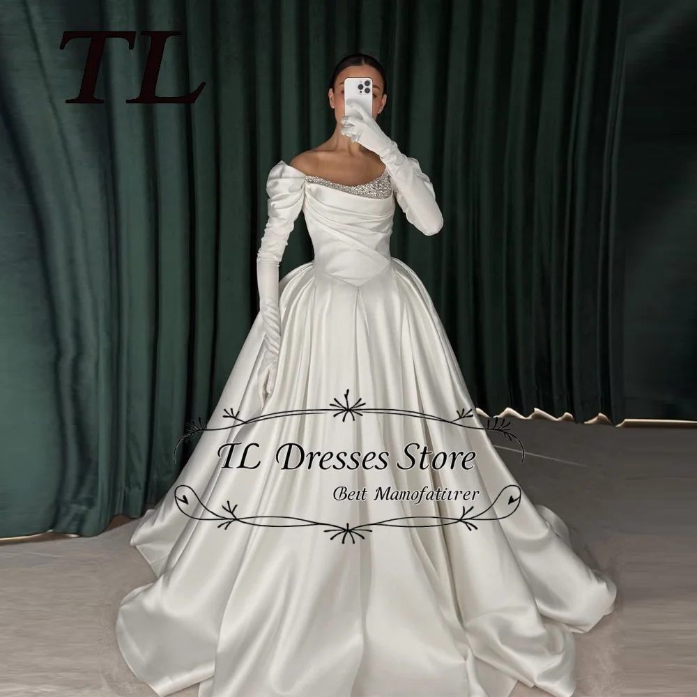 

TL Saudi Satin Wedding Dresses Beaded Bride Dress Elegant Boat Neck Long Sleeves Court Train Vintage Bridal Gown Customized