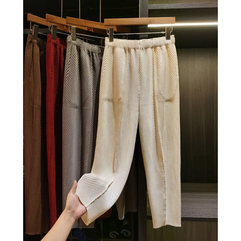 Miyake Pleated Pants 2026 High-End Pleats Solid Casual Fold Trousers Spring Summer New Slim Fit Versatile Tapered Straight Pants