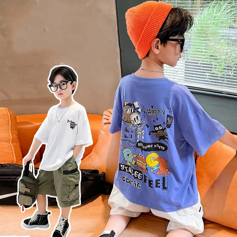 

Summer School Kids Loose Cotton Cartoon Shower Tee Tops Baby and Boys Short-Sleeved Base Layer T-Shirt Child Outerwear 1-16Years