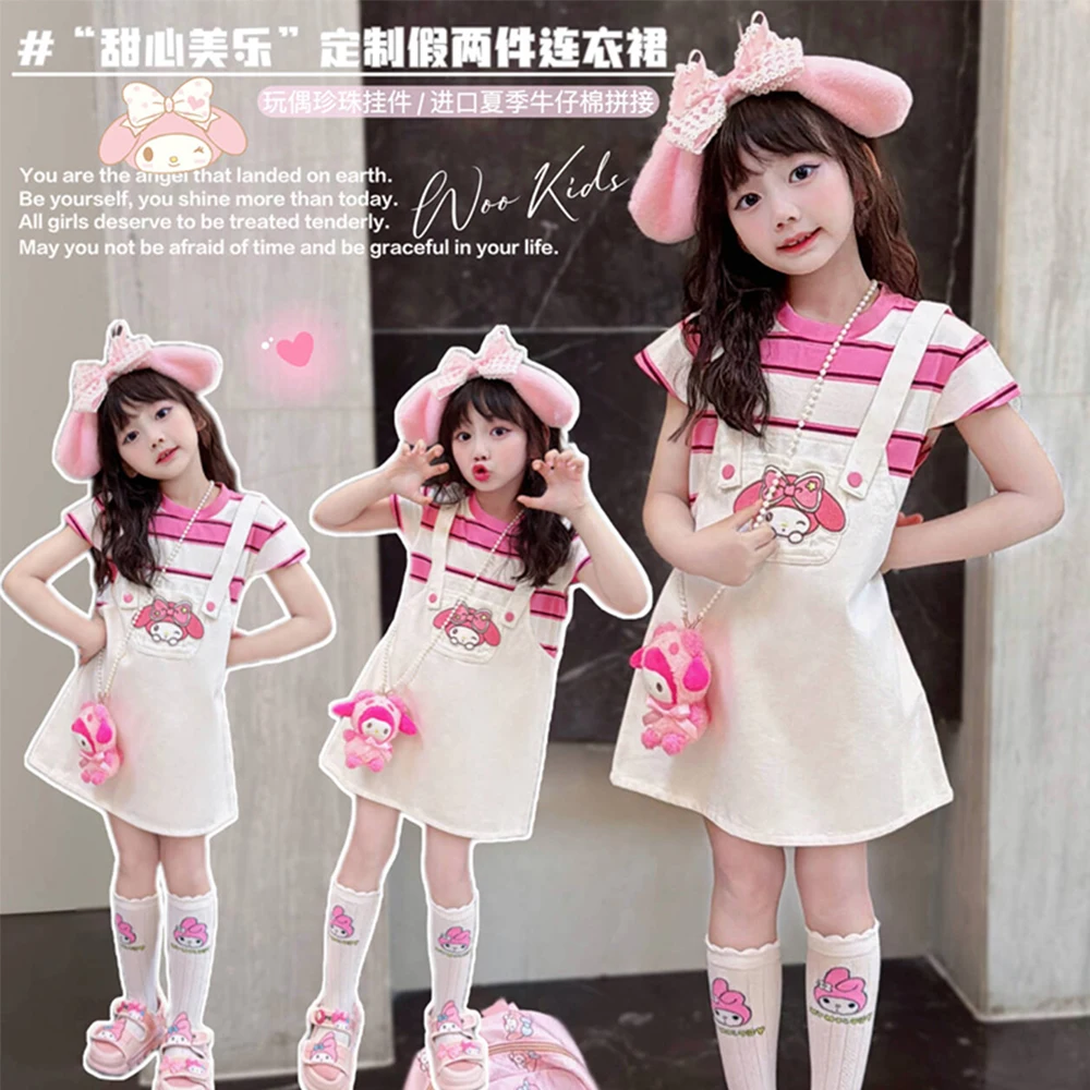 Anime Girls Fake Two-Piece Strapless Dress Sanrios My Melody Kawaii College Style New Summer A-Line Skirt Children Sweet Dress