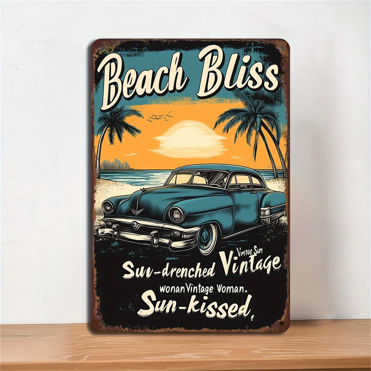 Beach Bliss Vintage Metal Iron Sign - Vintage Sunset Palm Design, Iron Wall Art for Garage, Bar, Home Decor, Measures 8x12 Inch