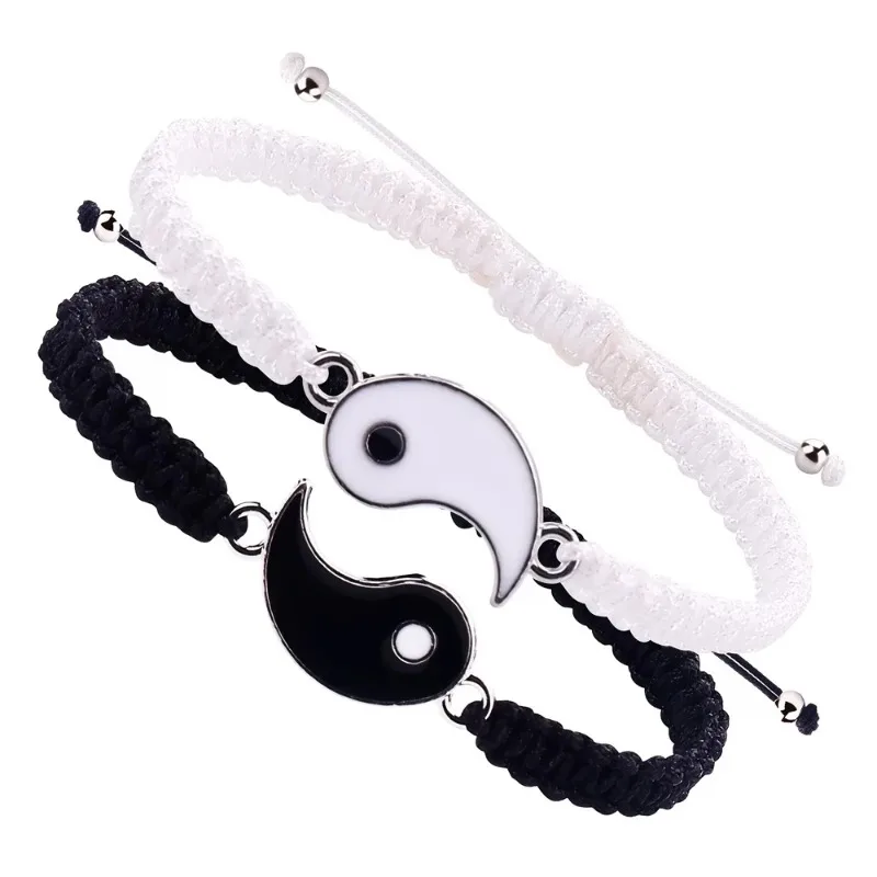 1Set of 2 Simple Tai Chi Bagua Black and White Yin and Yang Rope Braided Telescopic Adjustment Bracelet for Men and Women Couple