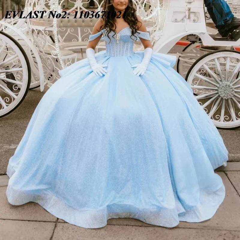 

EVLAST индивидуальное блестящее небесно-голубое платье Quinceanera с открытыми плечами и аппликацией из кристаллов и бисера Sweet 16, Vestidos De 15 Anos E2QA20