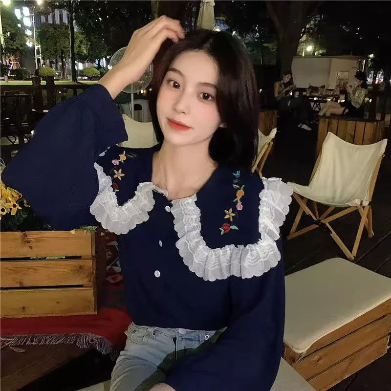 French Style Embroidered Doll Collar Long Sleeves Women\'s Shirt Spring Autumn New Loose Casual Fashion Sweet Chic Top for women