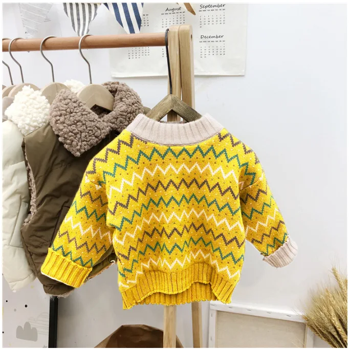 Autumn Winter Infant Baby Boy Sweater Cotton Wave Striped Long Sleeve Kid Boy Pullovers Round Collar Velvet Toddler Boy Knitwear