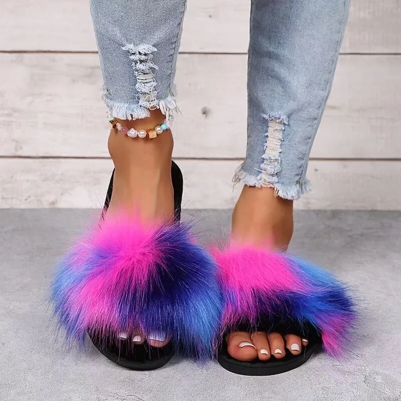 Girls Slippers New Arrival Luxury Ladies Outdoor Furry Fur Flip Flops Women Amazing Plush Slides Wholesale Beach Flats Shoes