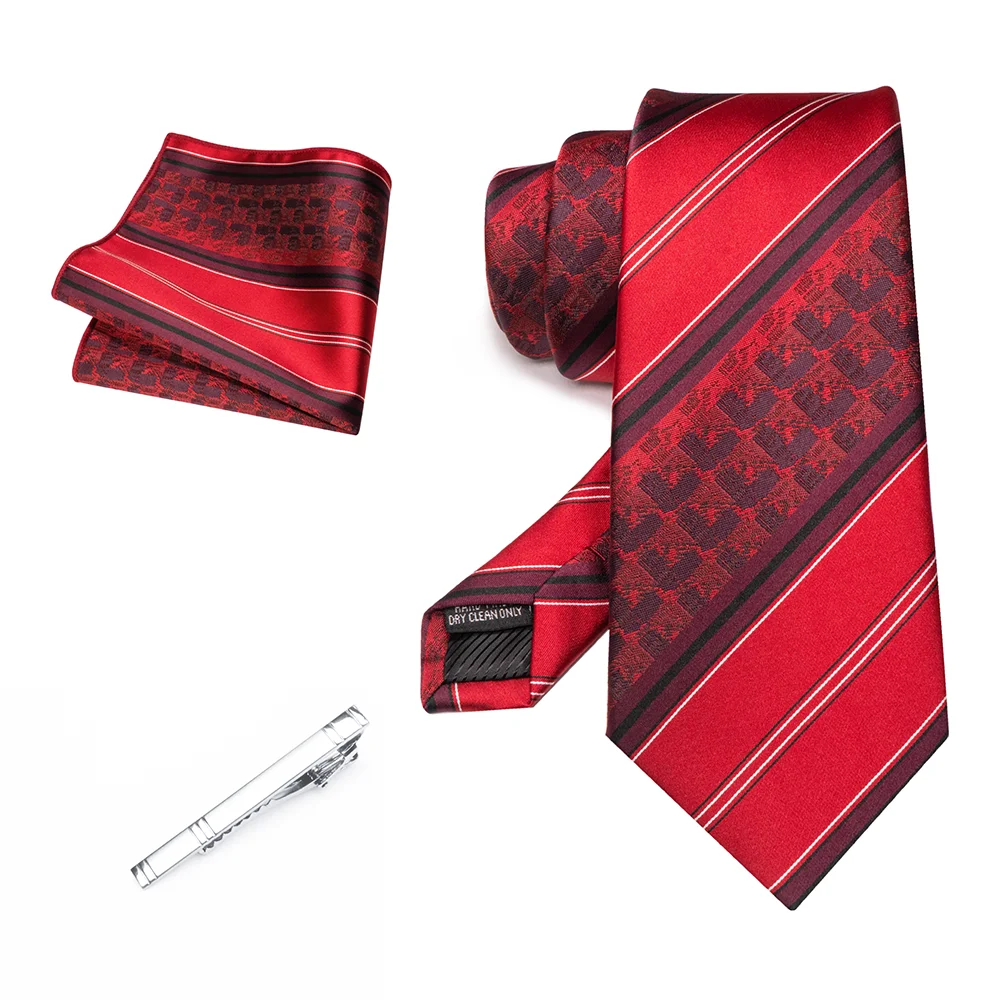 Herren Marineblau Krawatte Rot-Grün Gestreiftes Krawattenset Glänzender Clip Hochwertiges Einstecktuch für Business-Anzüge Anlässe Hochzeit Party – Detail 32