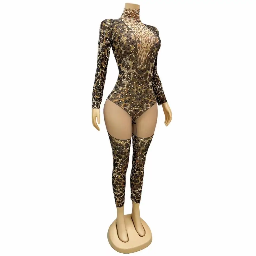 Mono de malla de leopardo con diamantes de imitación para mujer, traje de escenario para cantante, fiesta, club nocturno, Rave, Ropa de baile Gogo, Liebao