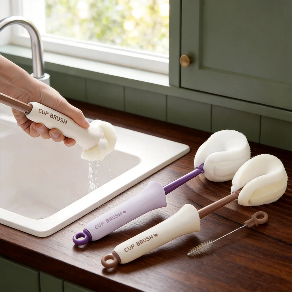 Multifunctional Silicone Cup & Bottle Brush – Push-Pull Action, 2-in-1 Built-In Water Squeezer, Long Handle for Home Use