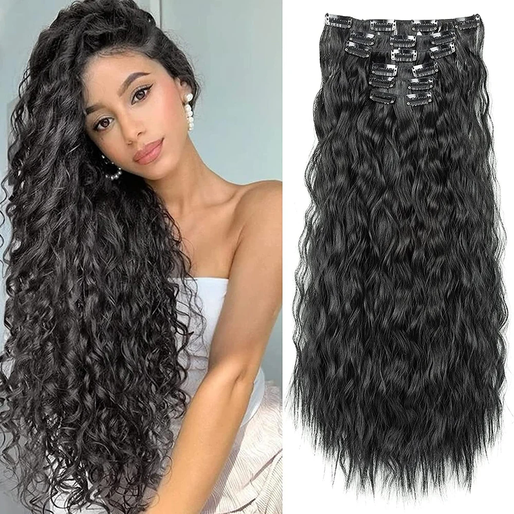 Synthetic 6-Piece Clip Type 16 Clip 22Inch Water Wave Hair Extension Piece Long Mermaid Wavy Fiber Women's Girl Daily Party  1B