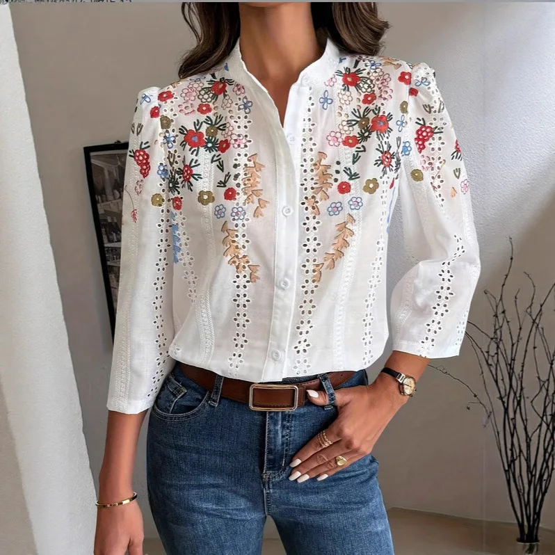 

Весна 2025 года, новый продукт, жаккардовая рубашка с вышивкой в стиле ретро, свежая, романтическая, нежная и универсальная маленькая рубашка с воротником-стойкой