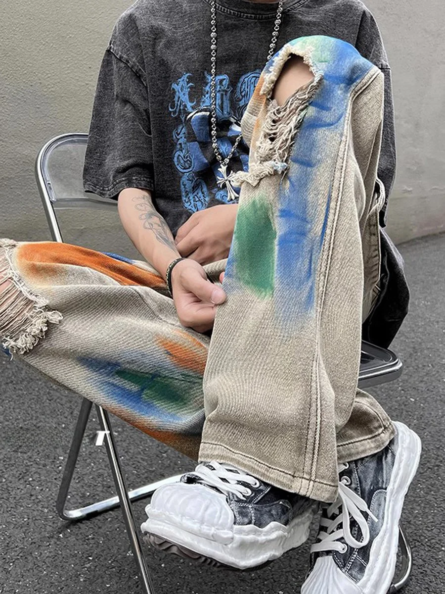 

West Coast American Hiphop Loose Straight Leg Workwear Jeans Men's Small Design Tie Dye Hole Jeans Youth Summer Wear