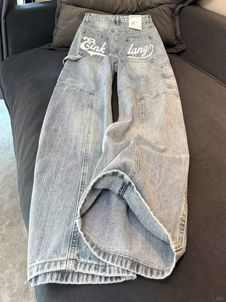 

Spring 2025 Baby Blue Jeans Women Y2K Vintage High Waisted Jeans Straight Streetwear Loose Large Wide Leg Denim Pants Women's