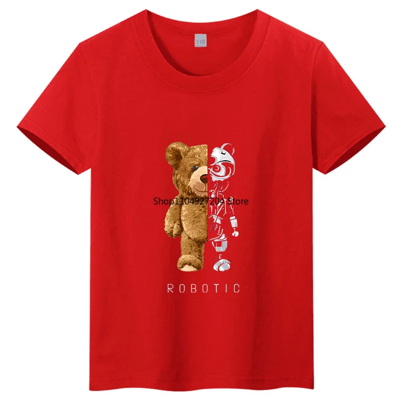 

Pure Cotton Children's Short Sleeved Mechanical Teddy Bear Printed Children's T-shirt Round Neck Casual Parent-child Top