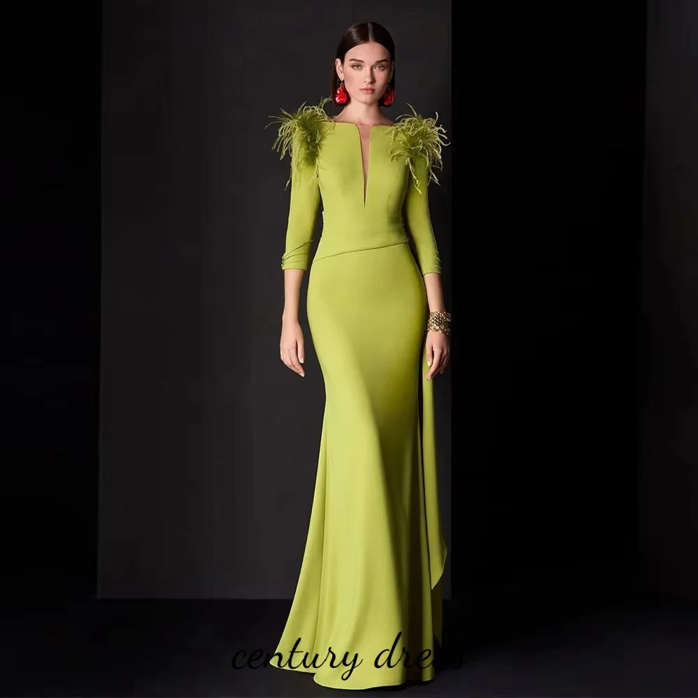 

Customized Exquisite V-neck Mermaid Evening Dress Charming Ruched Feather Prom Dress Long Sleeve Party Gown вечернее платье