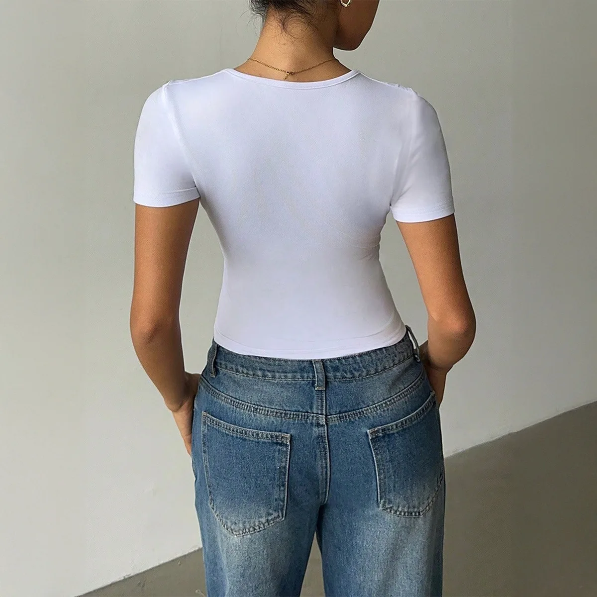 Spicy Girl Style V-neck Solid Color Vest T-shirt for Women  Autumn/winter 2025