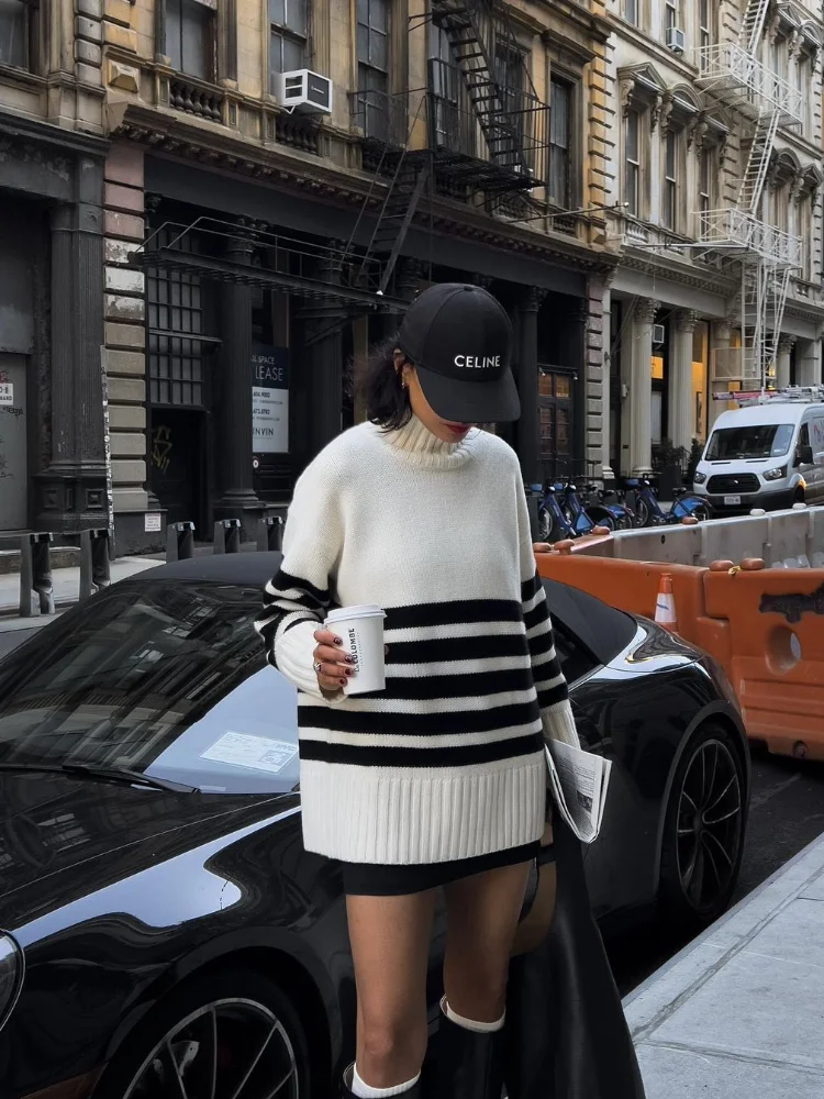 Fashion Contrast Stripe Women\'s Knitted Pullover Elegant Turtleneck Long Sleeve Warm Sweater New Lady Autumn Commute Streetwear