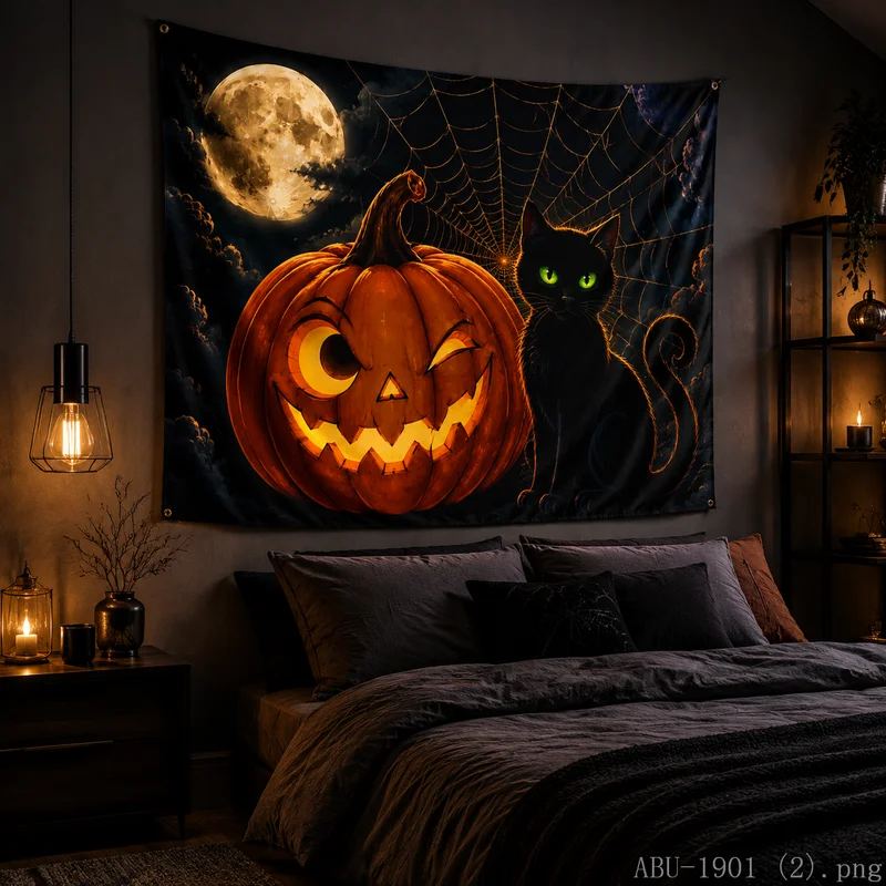 VIKAMA Spooky Fall Tapestry Halloween Jack-o-lantern Flame Swirl Maple Leaf Wall Hanging Home Decor