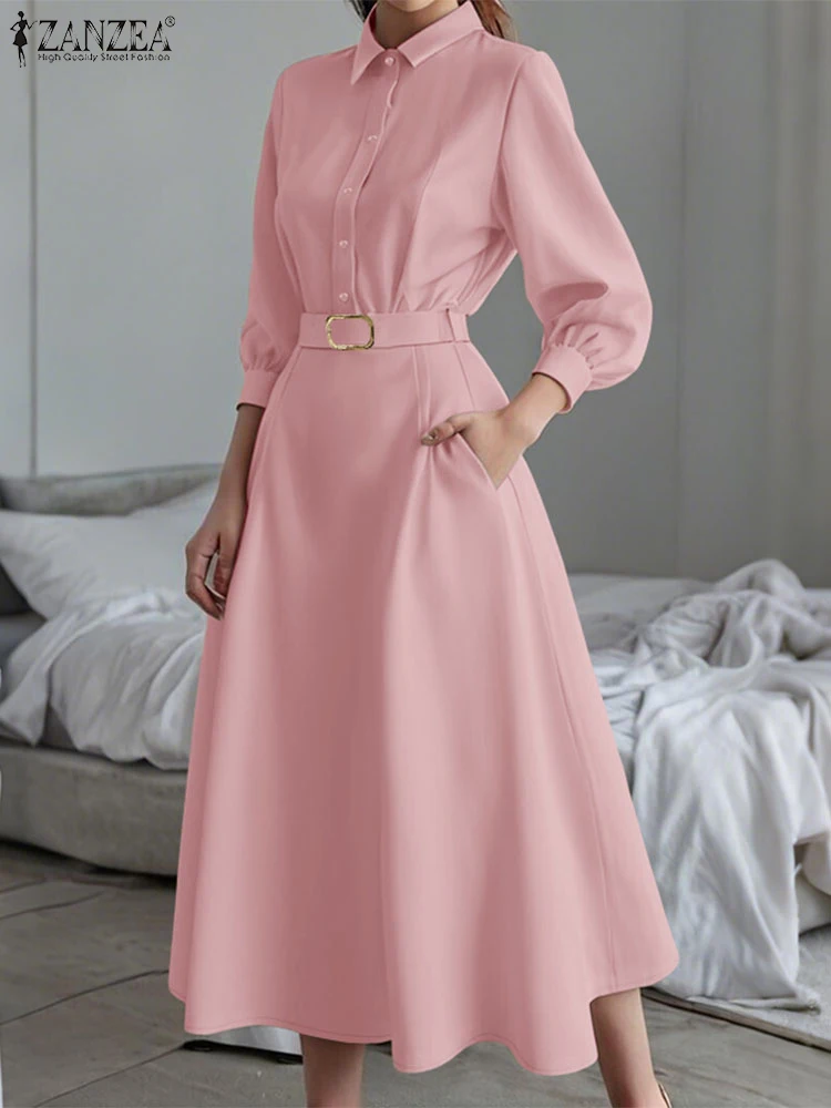 Stylish Autumn Shirt Dress 2025 ZANZEA Office Women Dress Elegant Long Sleeve OL Work Sundress Belted Robe Solid Buttons Vestido