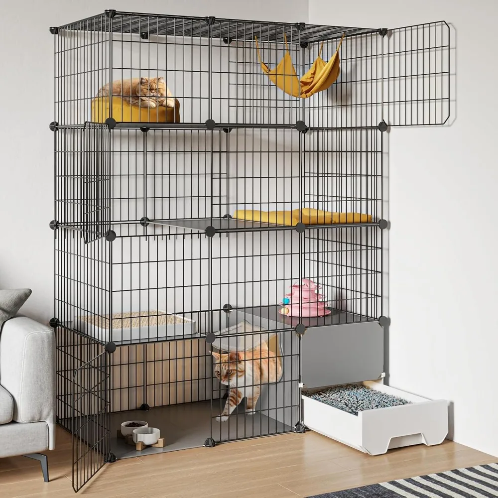 

Cat Cage with Litter Box,4-Tier DIY Cat Enclosures Large Playpen Detachable Metal Wire Kennel Indoor Crate