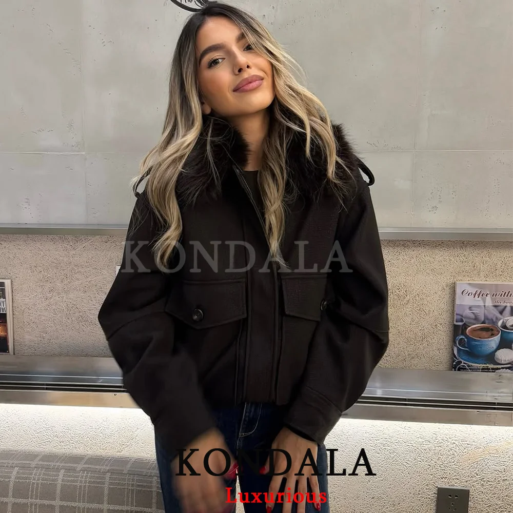 

KONDALA уличная меховая куртка женские с длинными рукавами и карманами свободные пальто мода 2025 повседневные кожаные толстые теплые куртки верхняя одежда