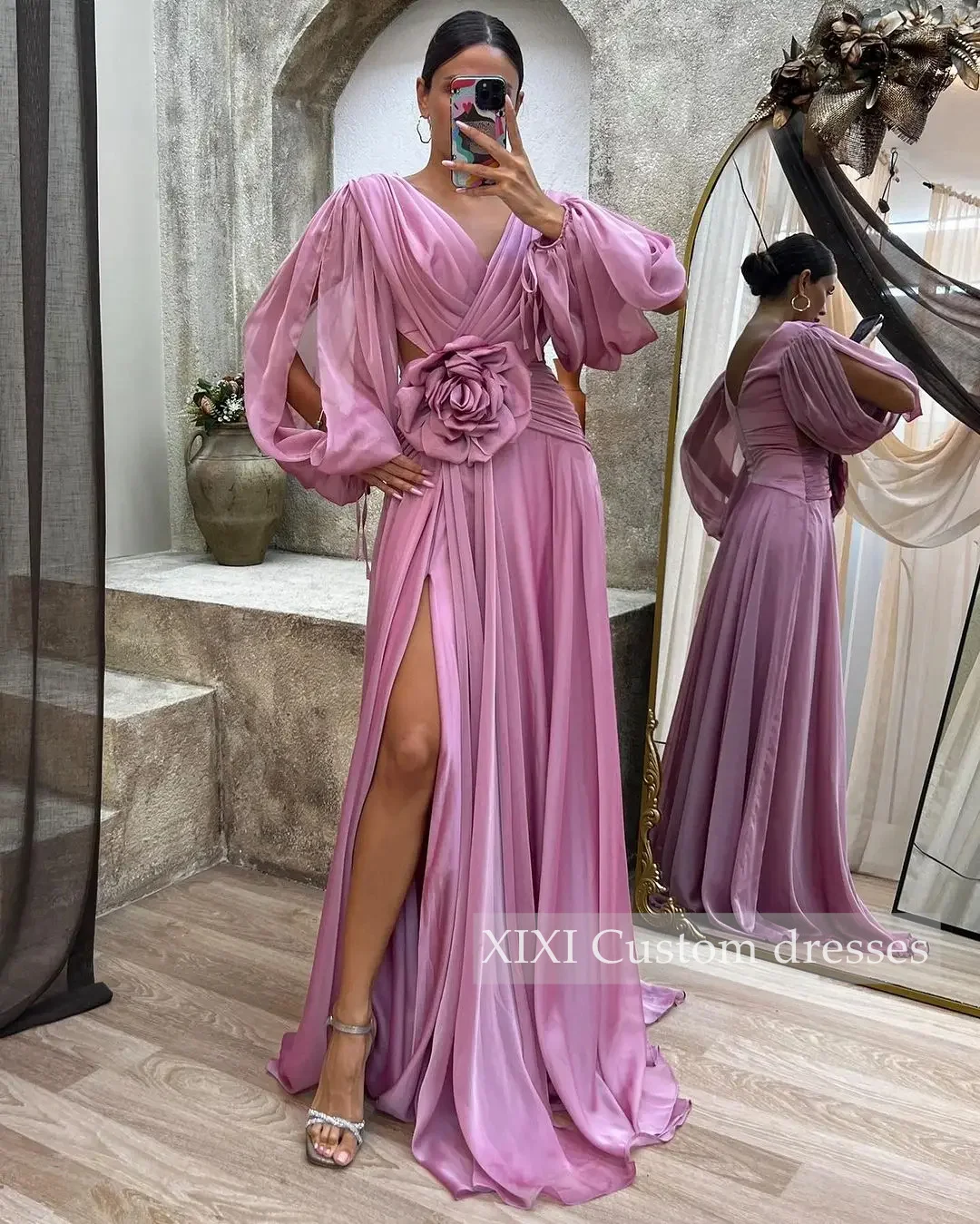 XIXI Abiti da sera rossi personalizzati A-Line Scollo a V Lunghezza pavimento Fiori Abiti da ballo Maniche lunghe Robe De Soiree Elegante Dubai Arabo