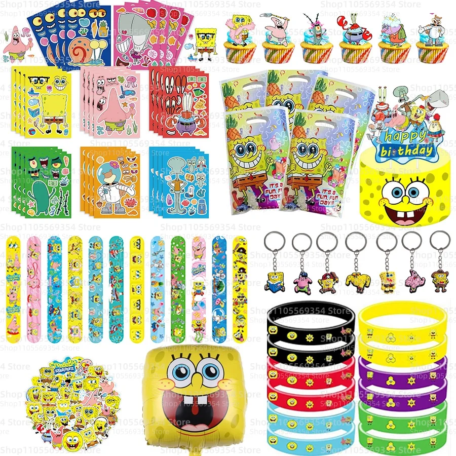 SpongeBob Schwammkopf Geburtstagsparty-Geschenke Tortendekoration Klatscharmband Geschenktüte DIY-Aufkleber Ballon Partyzubehör Schlüsselanhänger