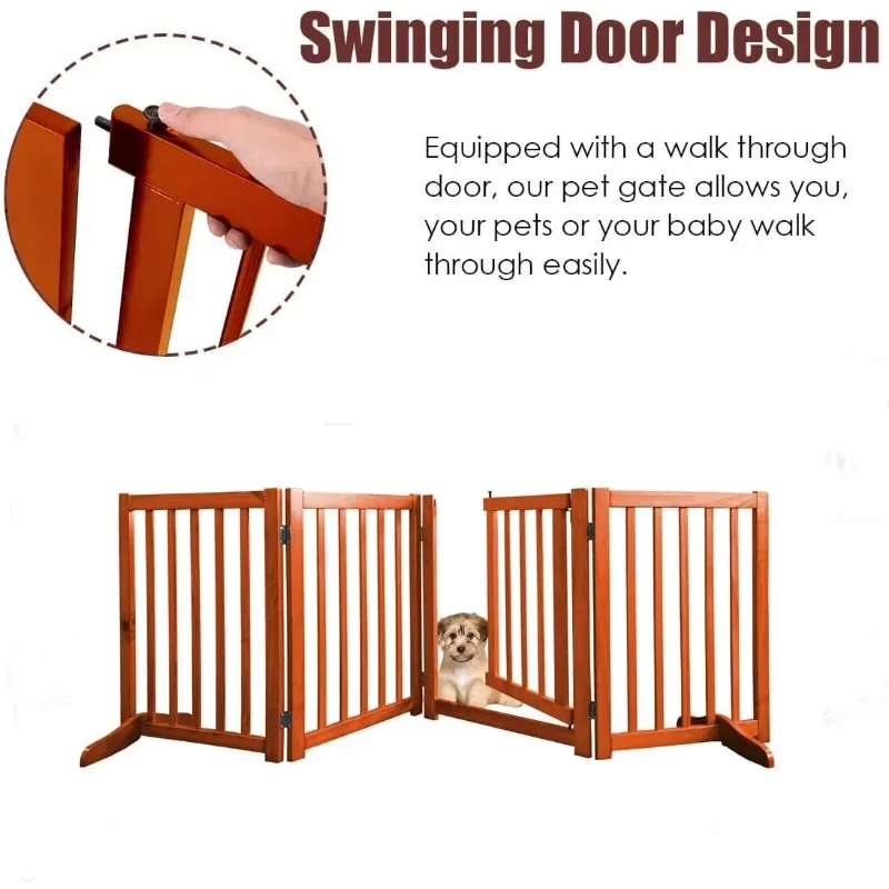 Dog Door Wooden Pet Door with Walking Door, Folding Indoor Dog Barrier, Pet Pen with 2 Supporting Feet(4 Panels)