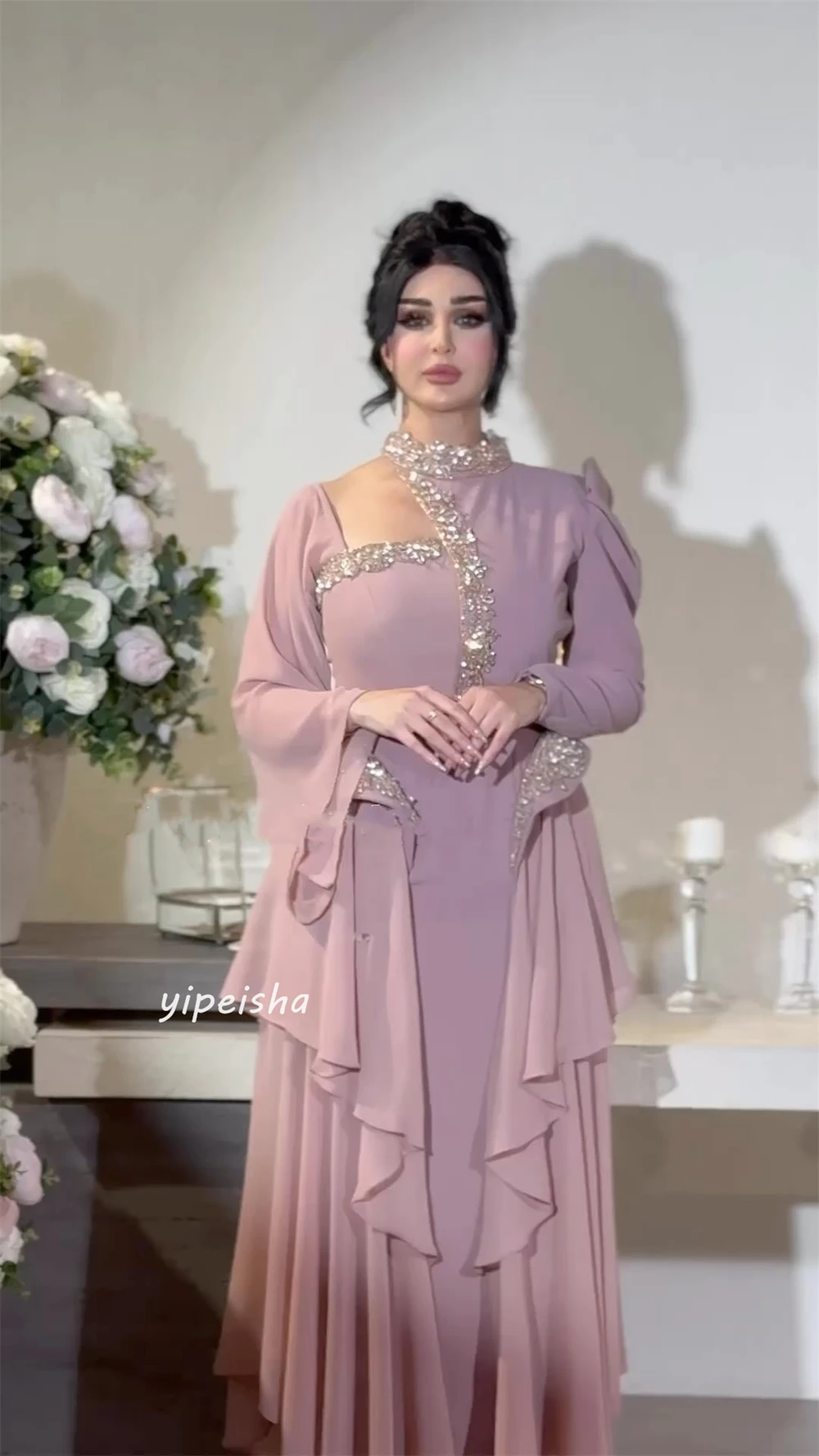  Jersey Draped Beading Ruched Christmas A-line High Collar Bespoke Occasion Gown Midi Dresses Saudi Arabia Evening