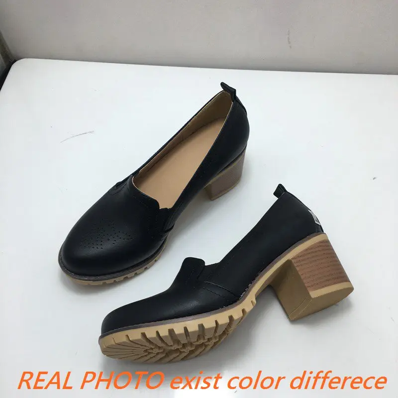 REAVE CAT 2021 Concise Ladies Pumps Comfort Slip On Hole Flowers Round Toe Platforms 6CM Chunky Heel US13 Black Beige Pink A4403