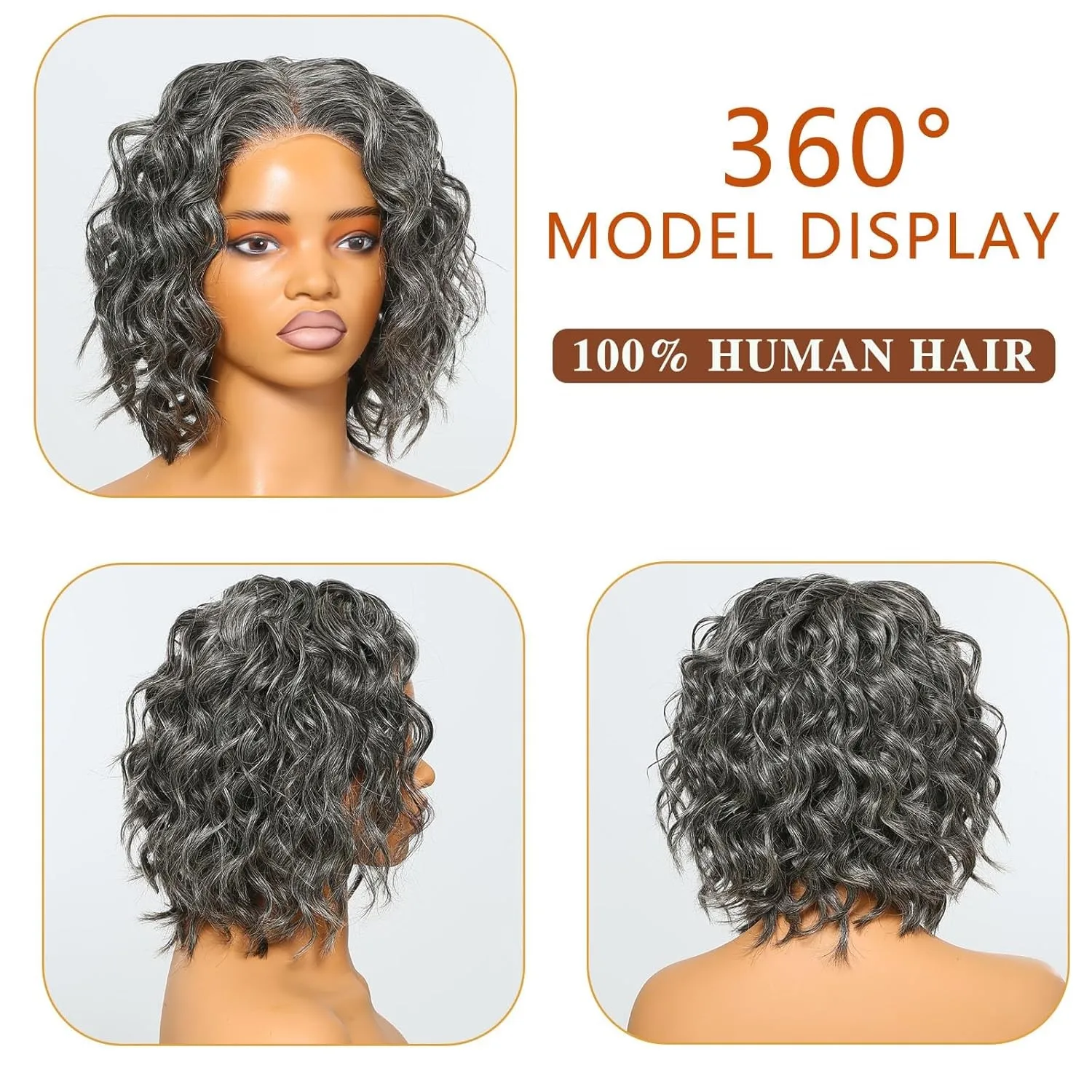 Wig Queen Stylish Salt & Pepper Wig Human Hair Water Wave Throw On & HD Curly Lace Closure Bob Wigs Pre-Cut Lace