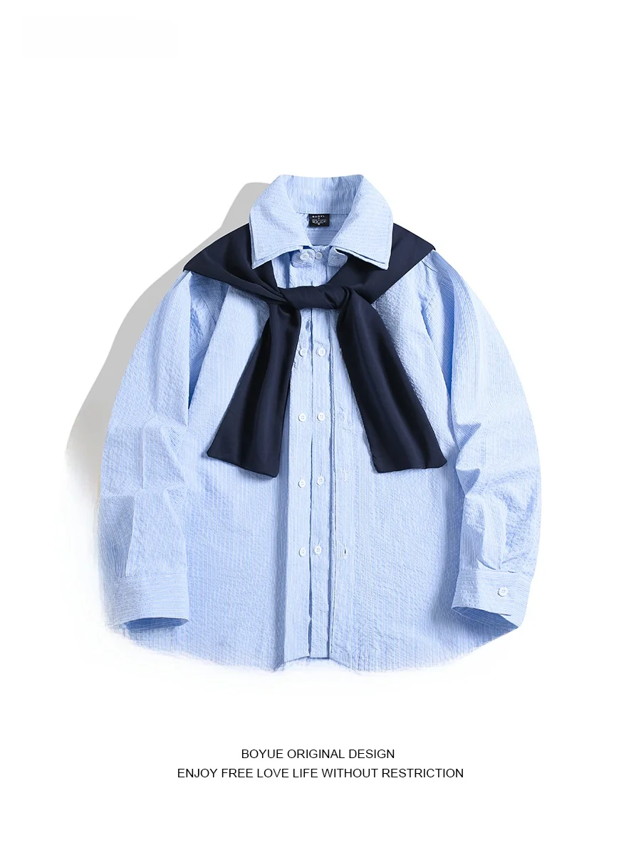 

Boyue Casual Long Sve irt with awl Collar Textured Fake Two-Piece Men's Faionable Streetwear Spring Autumn Winter