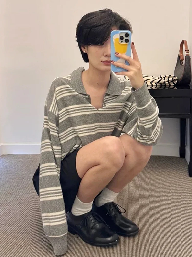 

Women's irt f Open Turn-down Collar Knitted Striped Top Casual Loose Fit Long Sve Wool Blend Spring Summer