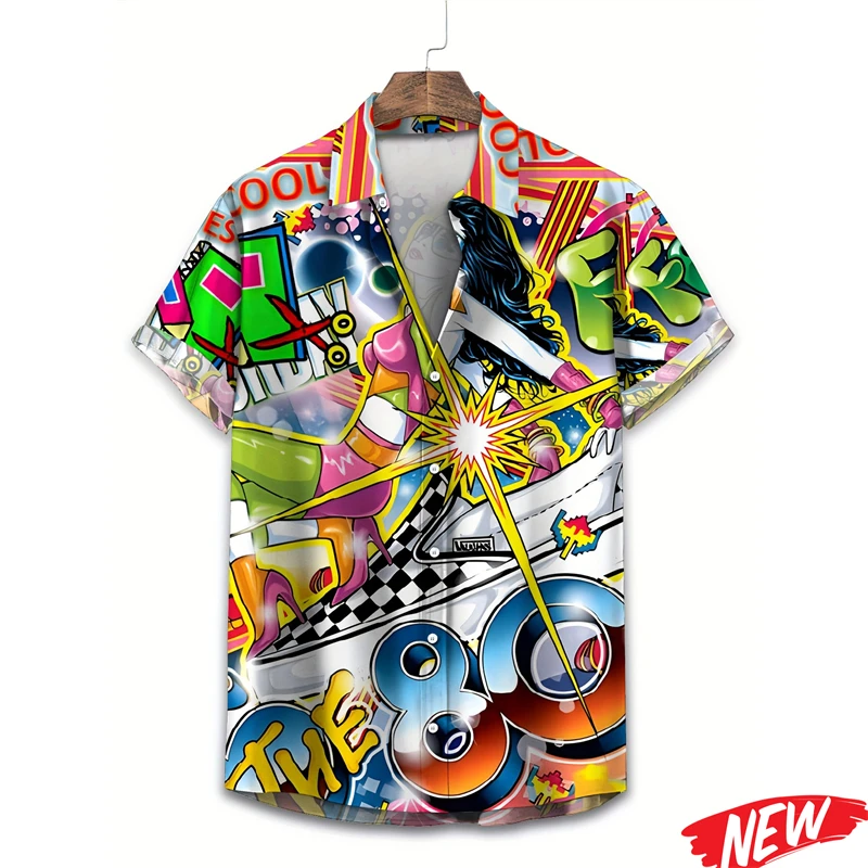 

Summer Beach Vacation Retro 80s and 90s Hawaiian Shirt Men's Clothing Printed Fashion Outdoor Collared Summer Button-Up Shirt