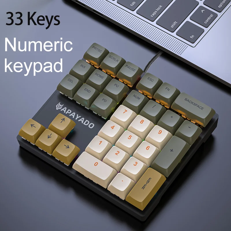 

APAYADO K33 Mini Mechanical Numeric Keypad 33 Keys, PBT Keycaps, RGB Backlight, USB Wired, Blue/Red Switch for Finance Office