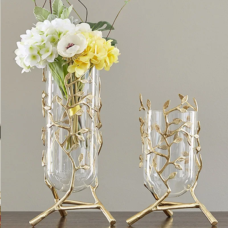 

European Metal Glass Vase, Light Luxury Modern Living Room Decor, American Style Home Ornamental Vase, Elegant Floral Display