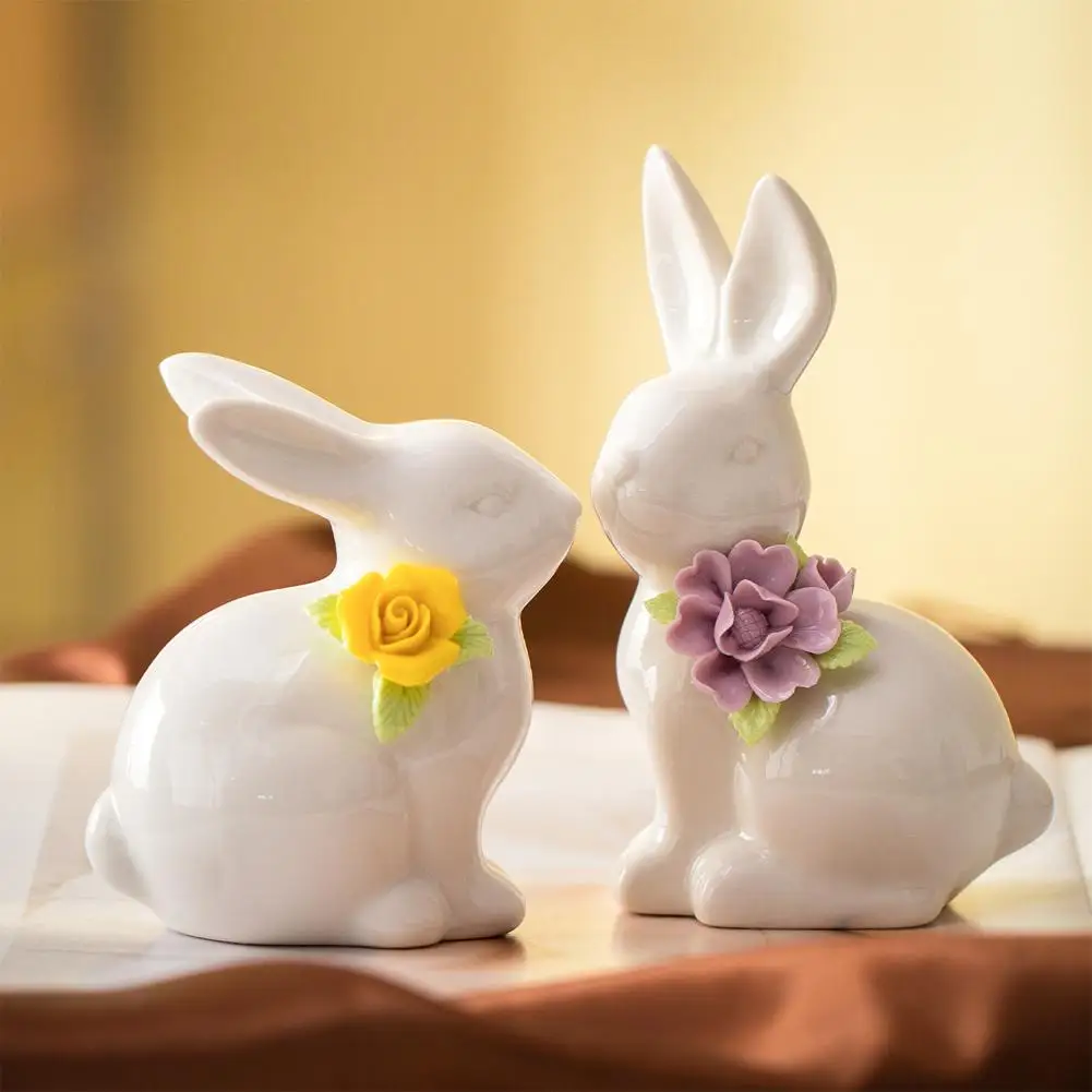 Easter Bunny Ceramics Figurines Porcelain Holiday Rabbit Decoration Sculpture Easter Bunny Sculpture Desk Ornament