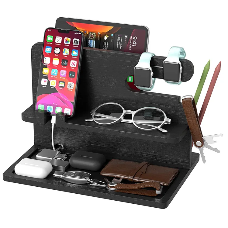 

Bamboo Phone Charging Docking Station Desk Organizer Holder for Mobile Keys Laptop Tablet Electronic Accessories
