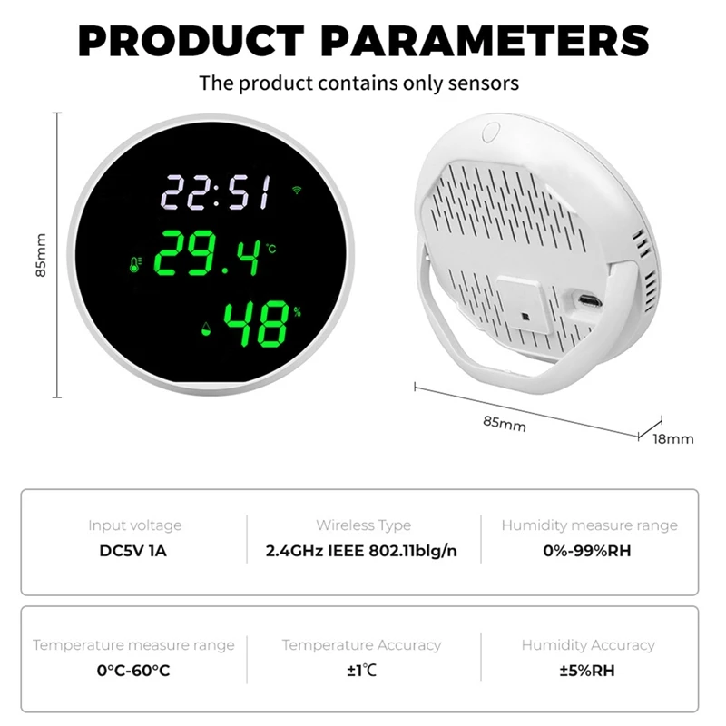 Sensor de humedad y temperatura para interiores, alarma con pantalla LED, Wifi, función de reloj para el hogar, color blanco