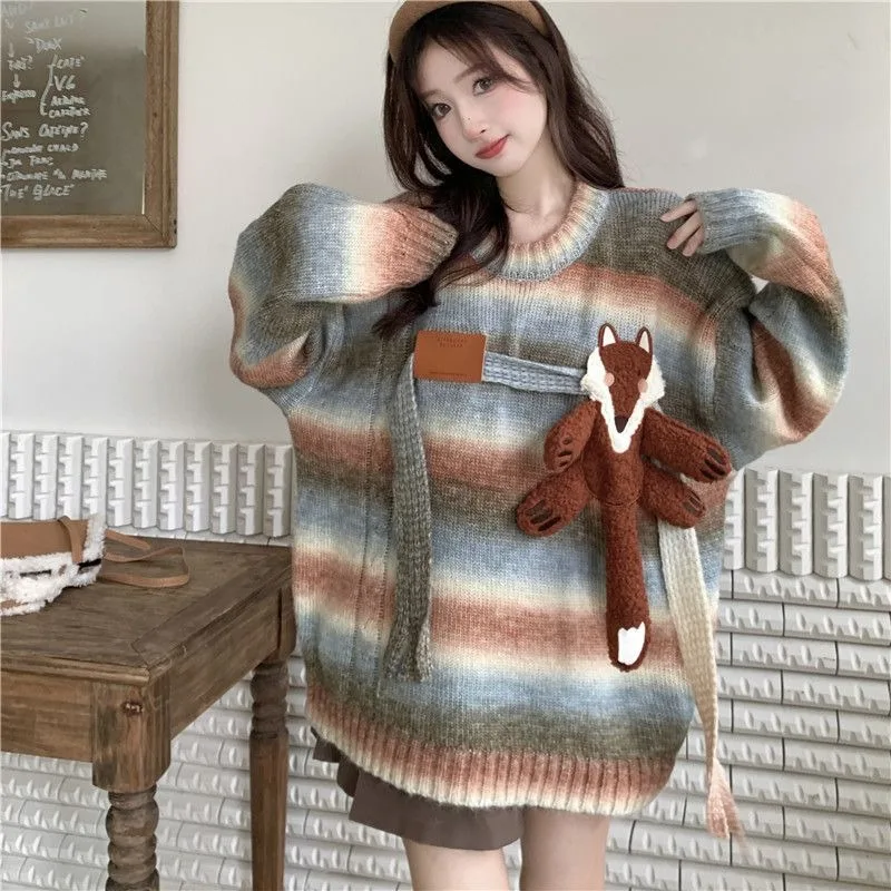 

Korean Version of Lazy Style Little Fox Decoration Loose Sweater Women's Retro Contrast Striped Plus Size Knitted Top Exquisite