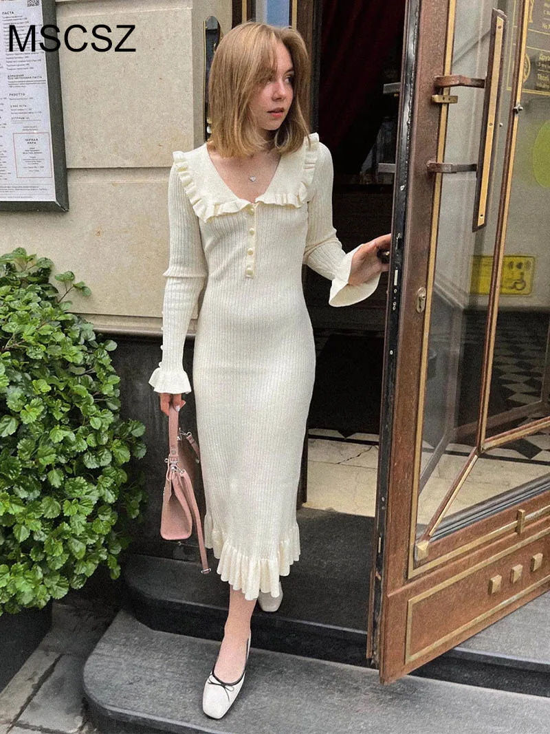 MSCSZ Winter White Long Sleeve Knitted Dresses Women Elegant Ruffle Long Dress Fashion Color Block Bodycon Sweater Dress